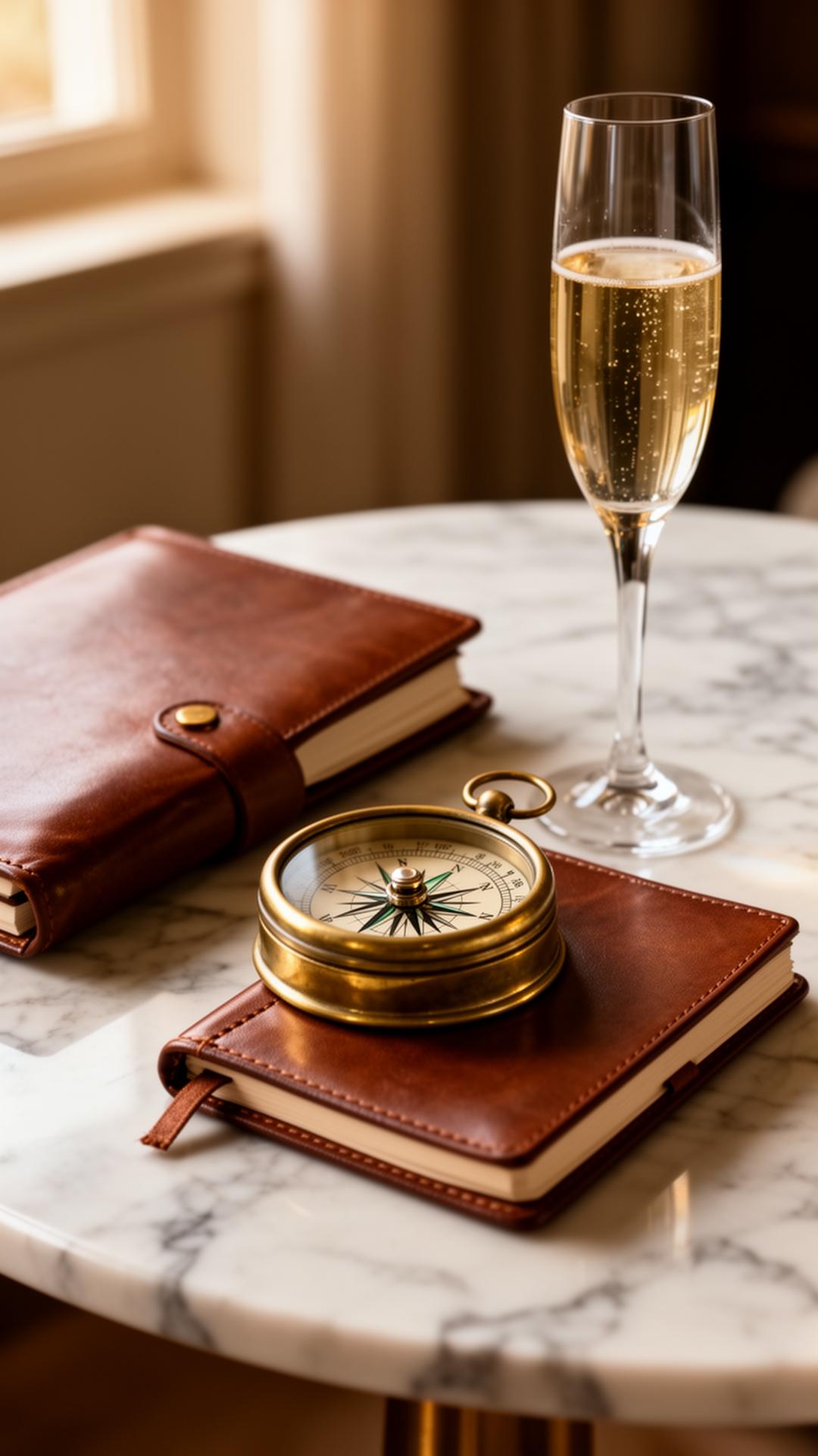 Brass compass and leather journal on marble